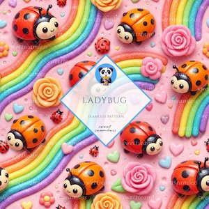 May include: A seamless pattern featuring cartoon ladybugs with black spots, rainbows, pink roses, and hearts on a pink background. The text "LADYBUG" and "sweet seamless" are also visible.