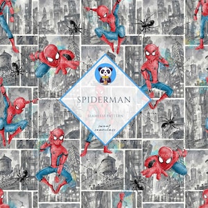 May include: A seamless pattern featuring Spiderman in various action poses against a grayscale city background with spiderwebs and spiders. A central diamond-shaped label displays a panda icon, the text SPIDERMAN, SEAMLESS PATTERN, and sweet seamless.