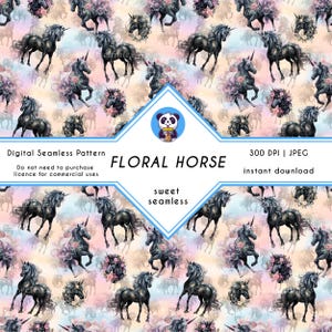 May include: A digital seamless pattern featuring black unicorns with floral accents on a pastel background. The design includes the text "FLORAL HORSE" and "sweet seamless". The image is 300 DPI and available for instant download.