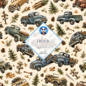 Könnte beinhalten: Ein nahtloses Muster mit Vintage-Trucks in Blau und Beige, Tannen, Tannenzapfen, Eichenblättern, Äxten, Sägen und Holzschildern auf cremefarbenem Grund. Ein zentrales Rauten-Overlay zeigt ein Panda-Logo und den Text TRUCK SEAMLESS PATTERN.