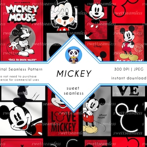 Könnte beinhalten: Ein digitales nahtloses Muster mit verschiedenen Bildern von Mickey Mouse auf einem schwarzen und roten Hintergrund. Das Design umfasst Mickey Mouse in verschiedenen Posen, zusammen mit Text, der "Mickey Mouse" und "Disney" lautet. Das Muster ist als digitales nahtloses Muster gekennzeichnet.