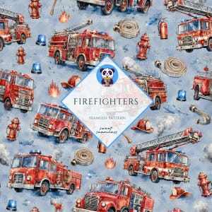 Pode incluir: Um padrão sem costura com ilustrações em aguarela de camiões de bombeiros vermelhos, marcos de incêndio, mangueiras enroladas, luzes de emergência azuis e chamas num fundo azul claro com o texto FIREFIGHTERS SEAMLESS PATTERN.