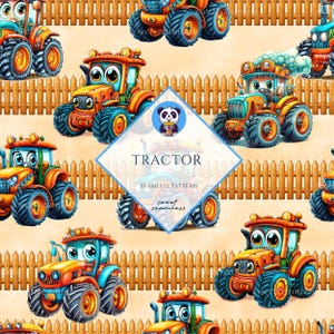 Puede incluir: Patrón sin costuras con tractores de dibujos animados en naranja, azul y verde, con ojos grandes y amigables. Los tractores están sobre un fondo beige claro con un diseño de valla de madera. La palabra "TRACTOR" se muestra en un diamante azul.