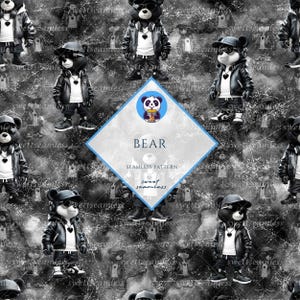 May include: Seamless pattern featuring stylized bears in black leather jackets, sunglasses, and sneakers. The bears are set against a textured, grayscale background. The image includes the text "BEAR" and "SEAMLESS PATTERN".