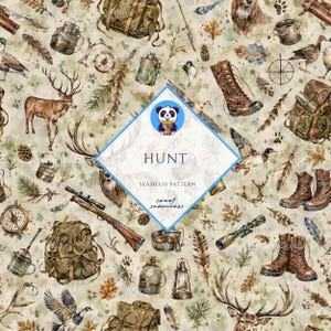 May include: Seamless pattern with a hunting theme. The design features illustrations of deer, ducks, boots, rifles, backpacks, compasses, and lanterns in shades of brown, green, and beige. The word "HUNT" is displayed in a blue diamond shape.