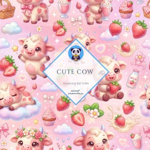 May include: A seamless pattern featuring adorable cartoon cows with pink and white spots, strawberries, cupcakes, milkshakes, and bows on a light pink background. The text "CUTE COW" and "sweet seamless" are also visible.
