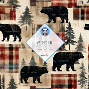 Può includere: Un motivo continuo con sagome di orsi neri e pini verde scuro su uno sfondo a quadri rossi, neri e beige. Un'etichetta centrale a forma di rombo riporta il testo WINTER SEAMLESS PATTERN e l'icona di un panda.