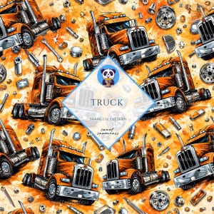 Könnte beinhalten: Nahtloses Muster mit orangefarbenen und silbernen Sattelzugmaschinen, umgeben von Werkzeugen und Ersatzteilen. Der Hintergrund ist orange. Das Wort "TRUCK" wird in der Mitte des Bildes angezeigt.