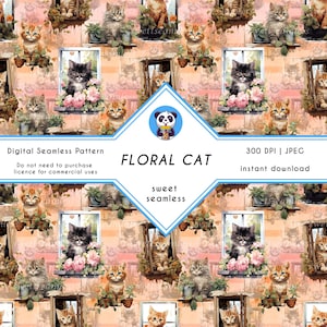 Cute Cat Seamless Pattern Digital Paper, Repeat Tile Background, Printable Fabric Pattern, Scrapbooking Paper Pack, Instant Download