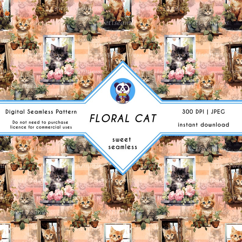 Cute Cat Seamless Pattern Digital Paper, Repeat Tile Background ...