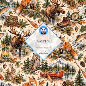 Könnte beinhalten: Ein nahtloses Muster mit Aquarellillustrationen von Elchen, Füchsen, Eulen, Hasen und Fischen in einer Waldumgebung. Enthält Campingausrüstung wie Rucksäcke, Wanderstiefel, einen Kompass, eine Laterne, ein Kanu und Paddel zwischen Kiefern.