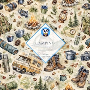 May include: Watercolor illustration of camping gear and accessories, including a tent, campfire, backpack, and hiking boots. The text "CAMPING" is displayed on a diamond-shaped graphic, with the words "sweet seamless" below.
