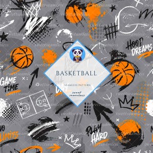 May include: A seamless digital pattern featuring orange basketballs, black and white brush strokes, arrows, crowns, and basketball court diagrams on a gray background. Text includes "BASKETBALL", "HOOP DREAMS", "GAME TIME", and "PLAY HARD".