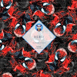 May include: A seamless pattern featuring a repeating graphic of a masked superhero head with large white eyes, set against a background of black and red paint splatters. A central diamond-shaped label displays a panda icon and the text HERO.