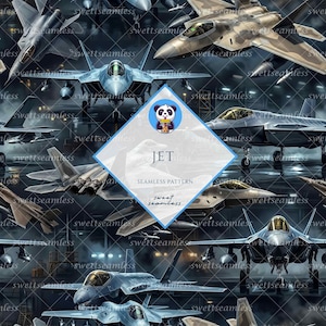 Puede incluir: Patrón sin costuras con varios aviones de combate en tonos grises y beige sobre un fondo oscuro. El diseño incluye la palabra "JET" y "SEAMLESS PATTERN" con un logotipo de panda.