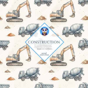 May include: A watercolour seamless pattern featuring construction vehicles, including excavators, cement mixers, and dump trucks. The design includes the word "CONSTRUCTION" and the phrase "seamless pattern". The colour palette includes shades of orange, grey, and brown.