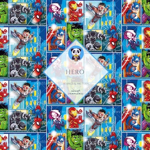 May include: A seamless pattern featuring various superhero characters in a grid layout. The design includes images of Spider-Man, Captain America, Iron Man, and the Hulk, set against a blue background with the word "HERO".
