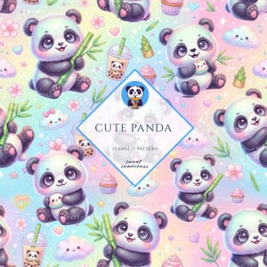May include: A seamless pattern featuring adorable cartoon pandas with black and white fur, holding bamboo and bubble tea. The design includes cupcakes, clouds, and hearts on a pastel rainbow background. Text reads "CUTE PANDA" and "sweet seamless".