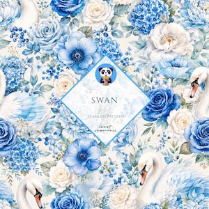 May include: A seamless pattern featuring white swans, blue and white roses, hydrangeas, and small berries on a cream background. A central diamond-shaped label displays a panda icon, the text SWAN, SEAMLESS PATTERN, and sweet seamless.