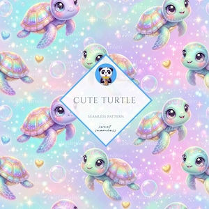 May include: A seamless pattern featuring adorable cartoon turtles in shades of purple, blue, and green. The turtles have large, expressive eyes and iridescent shells. Bubbles and hearts float around the turtles, with the text "CUTE TURTLE" and "seamless pattern" in the center.
