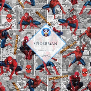 May include: A seamless pattern featuring Spider-Man in various action poses against a backdrop of comic book panels. The design includes the text "SPIDERMAN" and "seamless pattern". The color palette is dominated by red, blue, and gray.