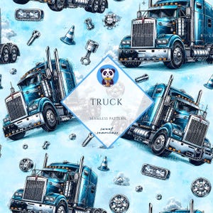 May include: Seamless pattern featuring detailed illustrations of blue semi-trucks, automotive parts, and clouds on a light blue background. The word "TRUCK" is displayed in the center. The design includes various truck components.