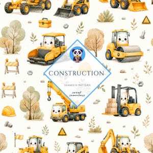 Può includere: Un motivo continuo con veicoli da cantiere gialli dai volti sorridenti, tra cui una gru, un carrello elevatore e un rullo compressore, intervallati da alberi, coni di sicurezza, caschi e bulloni su sfondo bianco con testo centrale.