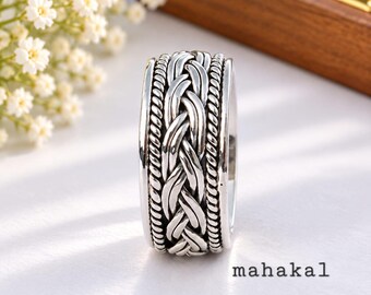 925 Sterling Silver Spinner Ring | Braided Design Oxidised Silver Fidget Ring. Christmas Gift