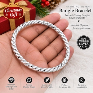 Pulsera rígida de plata de ley – Pulseras gruesas retorcidas, pulseras de plata, regalo de Navidad