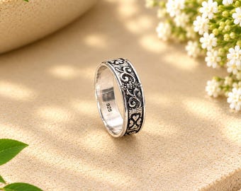 925 Sterling Silver Vintage Ornate Band Ring – Antique Floral Engraved Ring. Christmas Gift