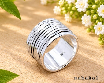 Sterling Silver Spinner Ring for Men & Women | Ribbed Fidget Band Ring | Christmas Gift