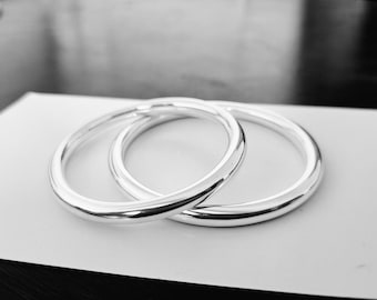 A Set of 2 Bangles, Thick Heavy silver Bangle Bracelet: Chunky Silver Handmade Bracelets.