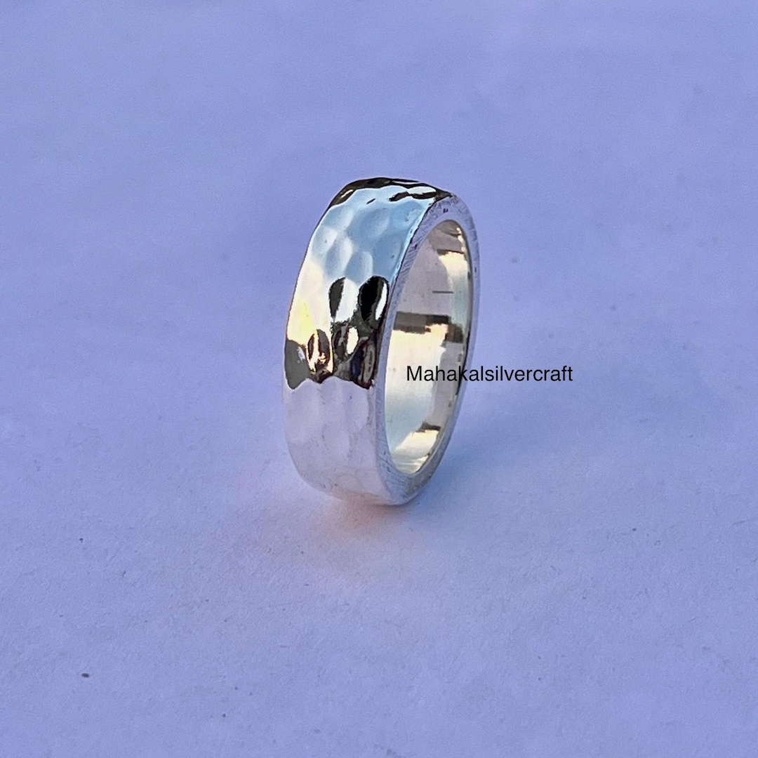 Thick Heavy Silver Ring – Unisex Wedding Sterling Hammered Band Ring ...