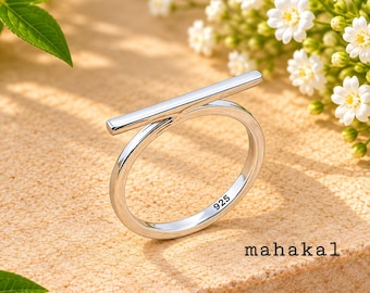 Sterling Silver Minimalist Bar Ring – Modern Open T-Bar Design | Christmas Gift for Women