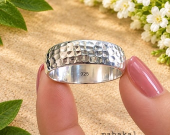 925 Sterling Silver Hammered Texture Band Ring for Men & Women | Christmas Gift