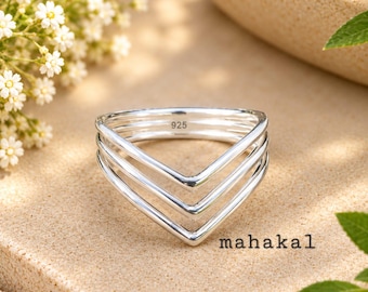 925 Sterling Silver Triple V Shape Ring | Minimalist Layered Chevron Band Rings | Christmas Gift
