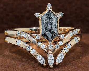 Anel de Noivado Hexagonal com Diamantes Sal e Pimenta, Aliança de Casamento em Ouro Rosa, Anel de Compromisso com Conjunto de Diamantes Negros, Joia Vintage para Noivas, Presente
