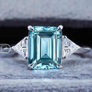 Emerald Cut Aquamarine Ring 3 Stone Engagement Ring Unique Aquamarine Solitaire Ring Aquamarine Emerald Cut Ring With Triangle Side Stone