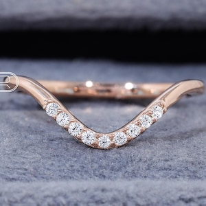 Classic Moissanite Curved Wedding Band 18K Rose Gold Ring U Shape Micro Pave Moissanite Ring Unique Chevron Rings  Minimalist Countour Ring