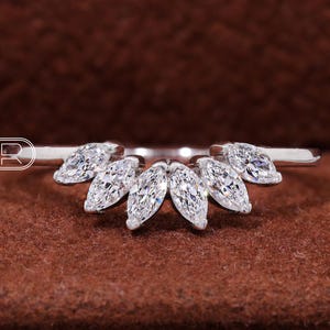 Curved Moissanite Wedding Band Yellow Gold Wedding Band Marquise Cut Diamond Wedding Band Vintage Matching Stacking Bridal Ring Anniversary