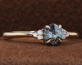 Anel de noivado vintage com diamantes, sal e pimenta, anel de noivado em ouro rosa, anel de diamantes, aniversário de casamento, anel com corte hexagonal