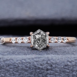 Galaxy Raw Salt and Pepper Diamond Ring Hexagon Diamond Engagement Ring Solitaire Bridal Geometric Diamond Promise Ring Anniversary Gift