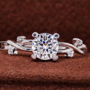 Round Brilliant Moissanite Ring Leaf Branch Moissanite Engagement Ring 14K Yellow Gold Nature Inspired Wedding Ring Unique Twig Promise Ring