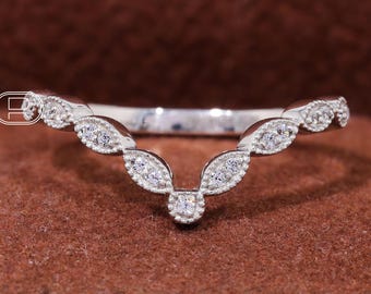 V Shape Curve Wedding Band Art Deco Ring Chevron Moissanite Ring 14k White Gold Wedding Ring Milgrain Stackable Band Diamond Matching Band