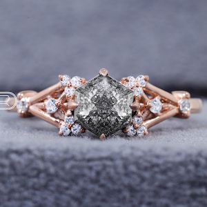 Galaxy Raw Salt and Pepper Diamond Ring Hexagon Diamond Cluster Engagement Ring Moissanite Ring Unique Bridal Geometric Diamond Promise Ring