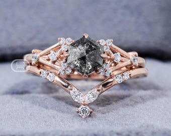 Salt And Pepper Diamond Engagement Ring Set Art Deco Hexagon Rose Gold Cluster Ring Chevron Wedding Band Set Promise Ring Anniversary Gift