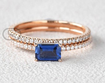 Amazing East to West Emerald Cut Ring Pave Setting Eternity band Set 1 CT Blue Sapphire Emerald Moissanite Ring Solitaire Engagement Ring