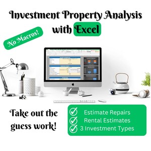 Pode incluir: Um ecrã de computador a mostrar uma folha de cálculo com o título "Investment Property Analysis with Excel". A folha de cálculo inclui secções para informações sobre a propriedade, extratos financeiros e rendimentos e despesas. O texto "No Macros!" está numa caixa verde no canto superior esquerdo da imagem. O texto "Take out the guess work!" está no canto inferior esquerdo da imagem. Três marcas de verificação verdes estão no canto inferior direito da imagem com o texto "Estimate Repairs", "Rental Estimates" e "3 Investment Types".