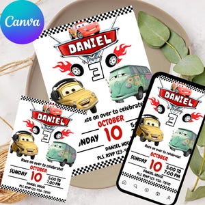 Editable Birthday Invitation template second birthday party Invite cars Printable Canva instant download Lightning McQueen mater