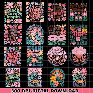 Retro Boho School Teacher Png Bundle, Boho Teach Png, Cute Teacher Appreciation Png, Inspirational Boho Wildflowers Png, Digital File
